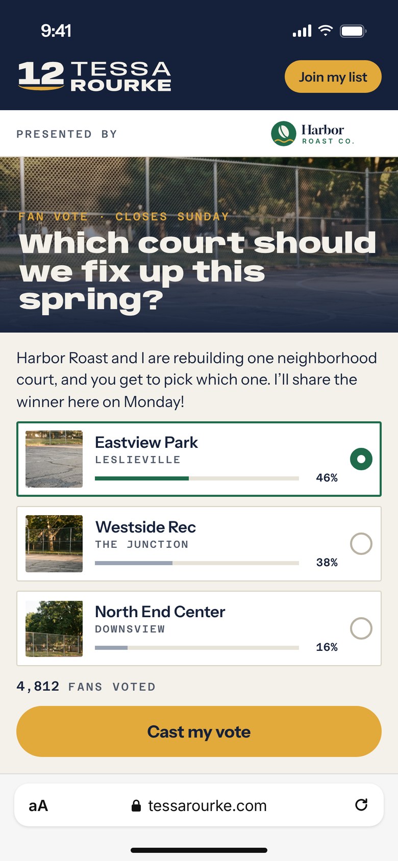Tessa Rourke's fan hub with a fan vote on which local court to fix up, presented by Harbor Roast
