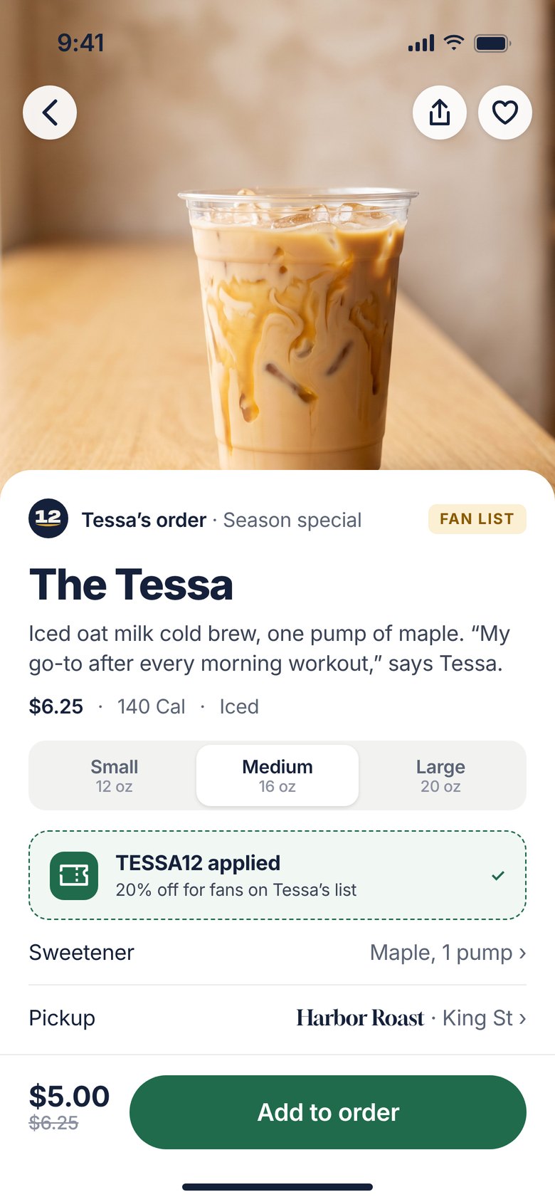 Harbor Roast app screen showing Tessa's order with her fan-list code applied