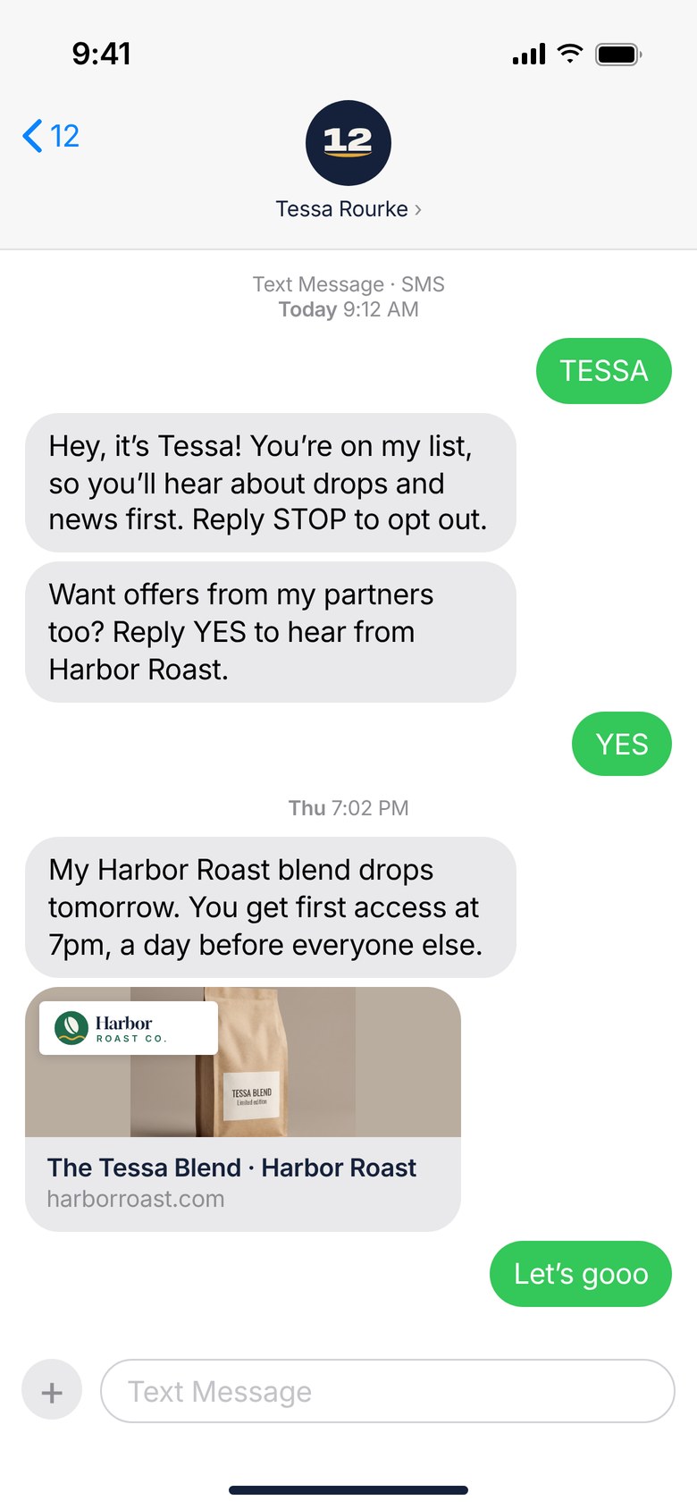 Text message thread from Tessa Rourke welcoming a fan to her list