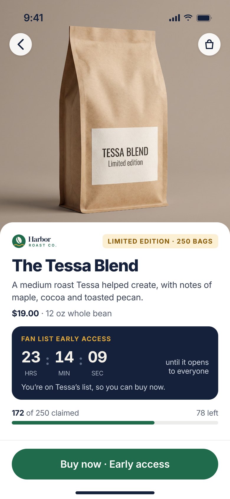 Harbor Roast app screen for the Tessa Blend drop, with an early-access countdown for fans on her list