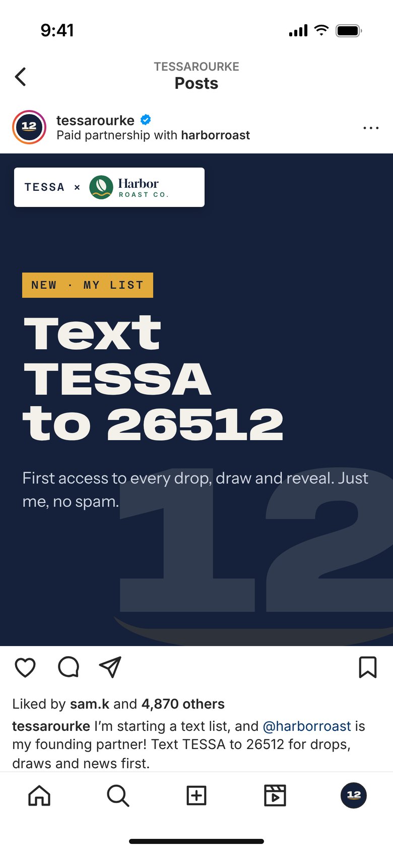 Tessa's sponsored Instagram post announcing her text list, with Harbor Roast as founding partner