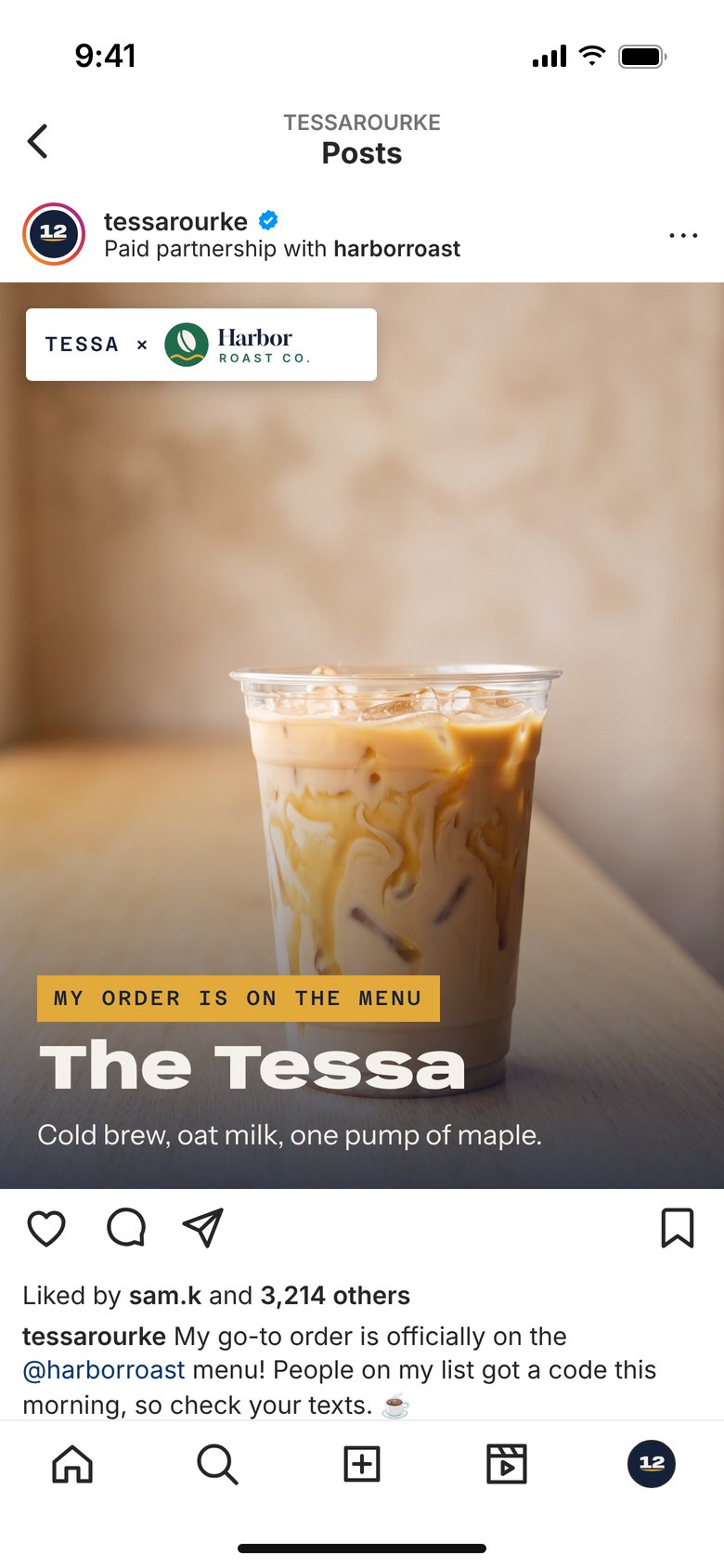 Tessa's sponsored Instagram post for her order, paid partnership with Harbor Roast