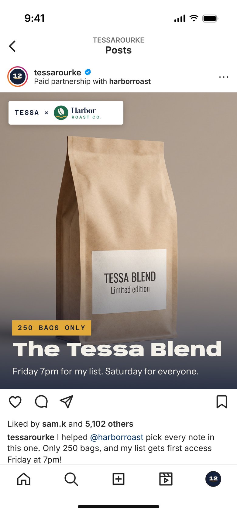 Tessa's sponsored Instagram post for the Tessa Blend, paid partnership with Harbor Roast